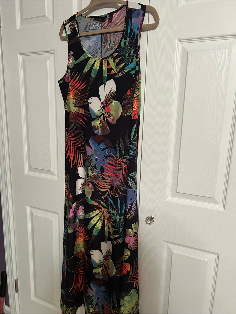 Attitudes by Renee Black Maxi Dress with Multicolor Tropical Print